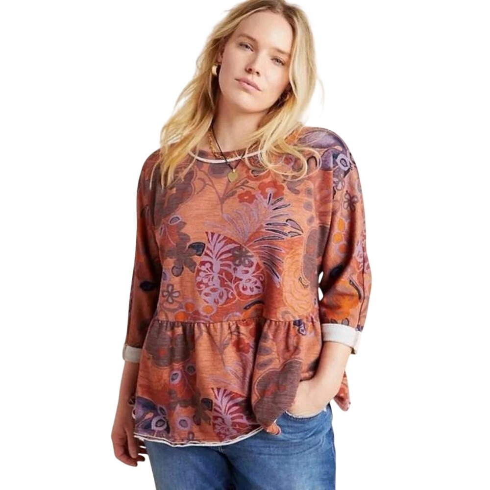 Anthropologie Saturday Sunday Colleen Floral Terry Babydoll Sweater Top Size M